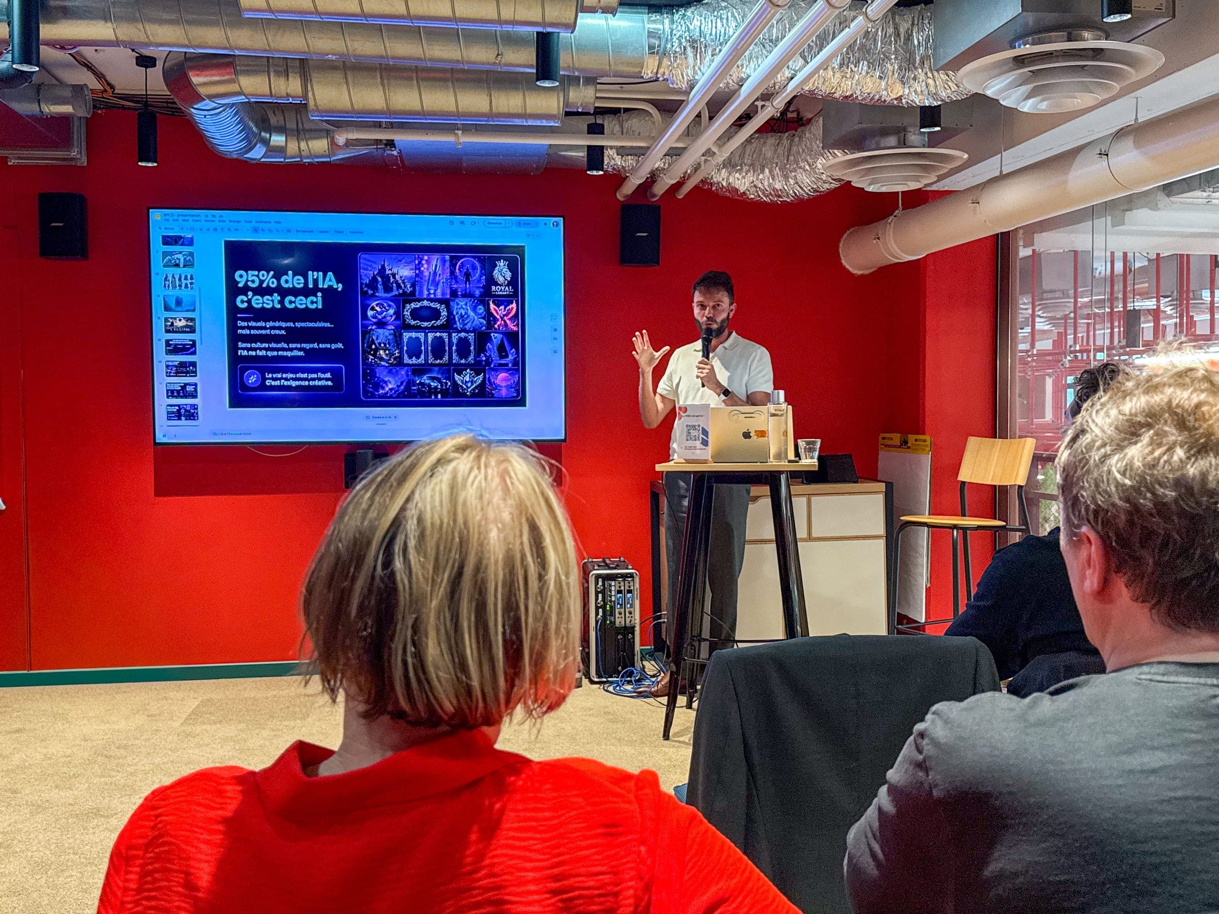 A speaker at the lectern in front of the slide "95% of AI looks like this", showing generated visuals that all look alike.