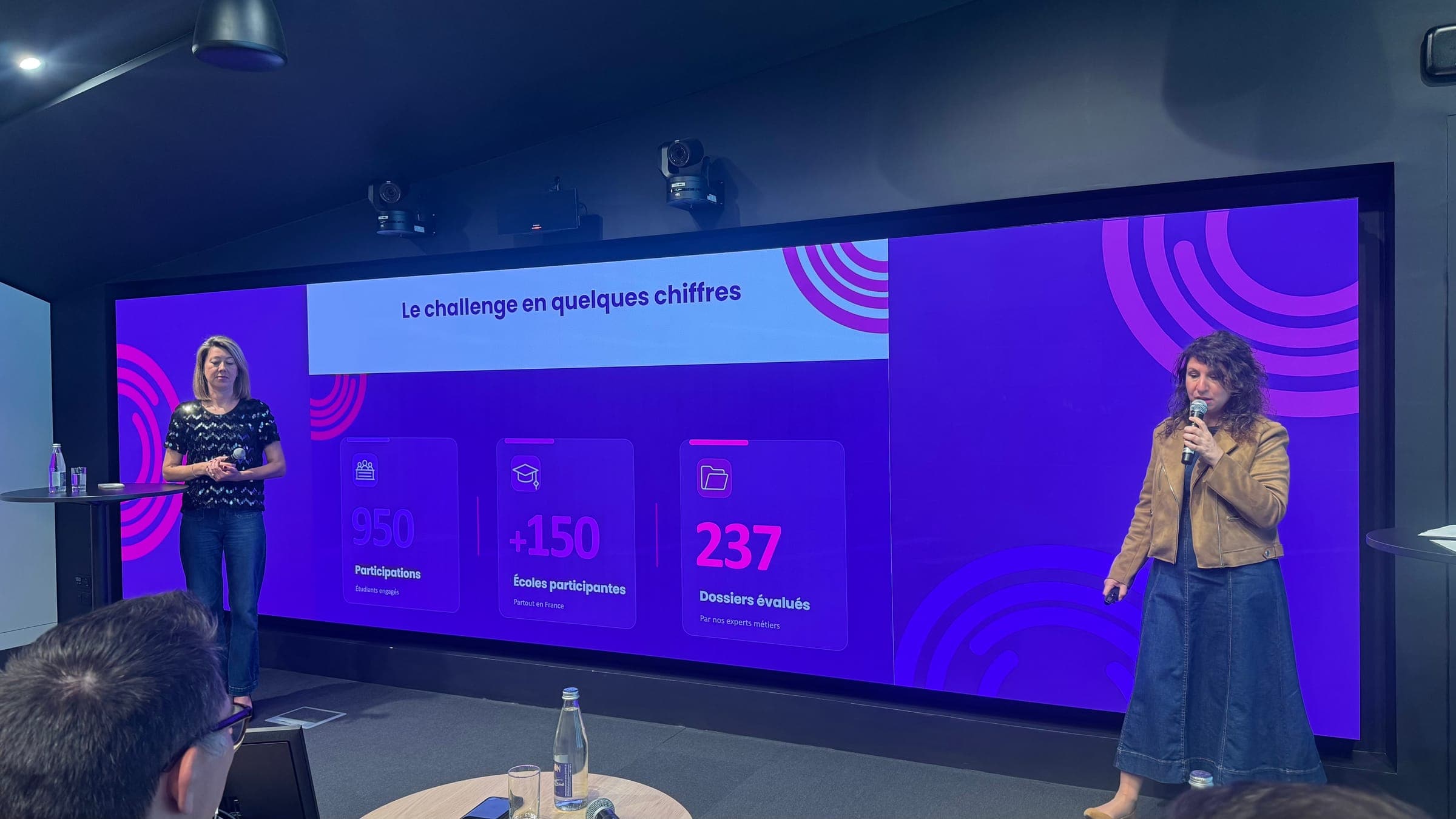 Two organizers on stage in front of the screen "The challenge in numbers": 950 entries, more than 150 schools, 237 projects assessed.