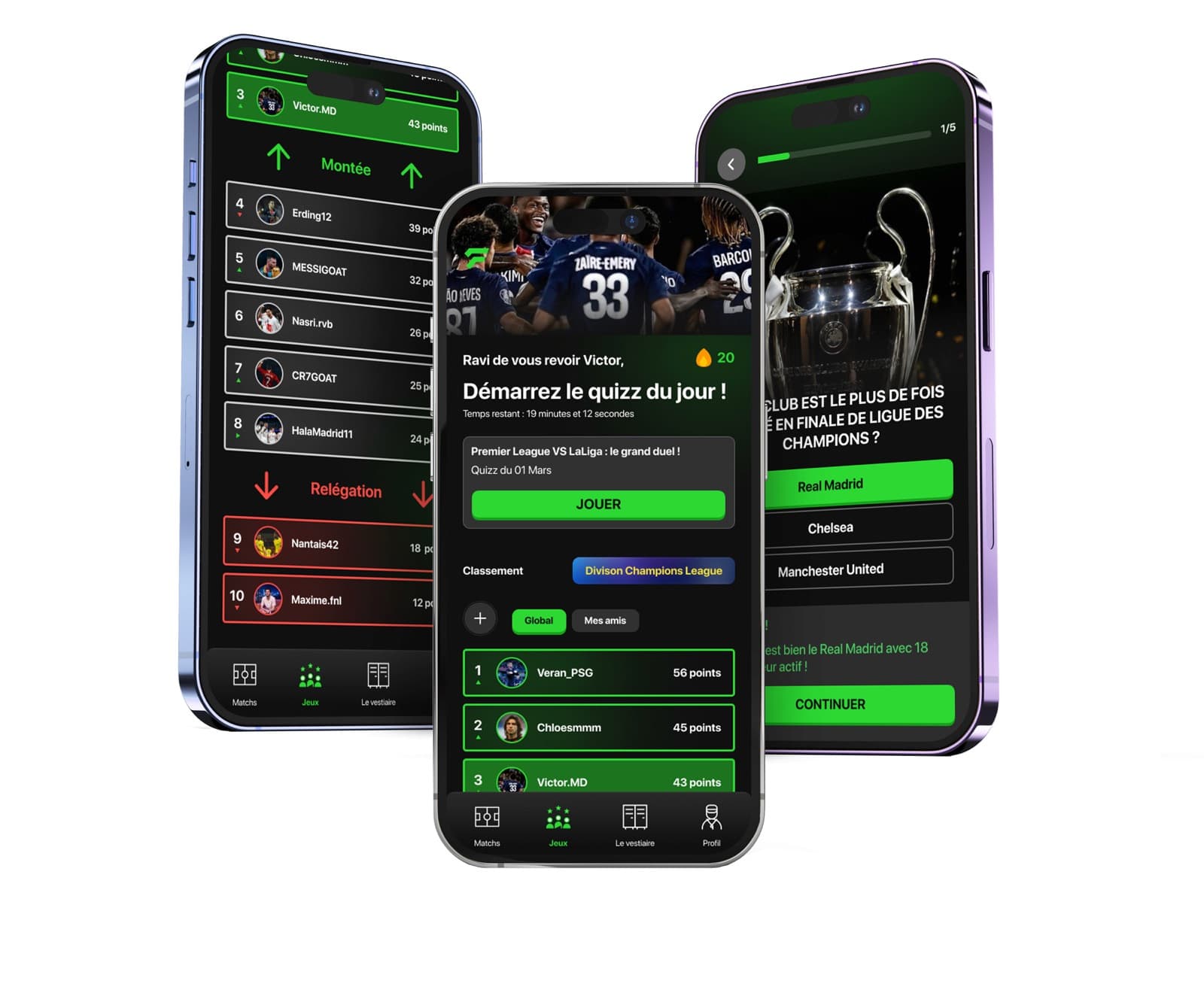 Three screens from the Footerz Games section: daily quiz, multiple-choice question and player leaderboard.