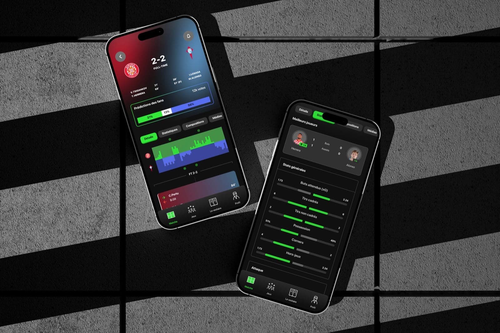 Two smartphones showing a match page and its detailed stats in Footerz.