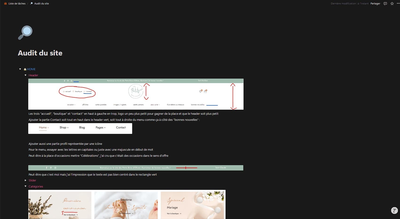 Excerpt from the UX/UI audit of the old site: annotated screenshots of the header and menus, with areas for improvement.