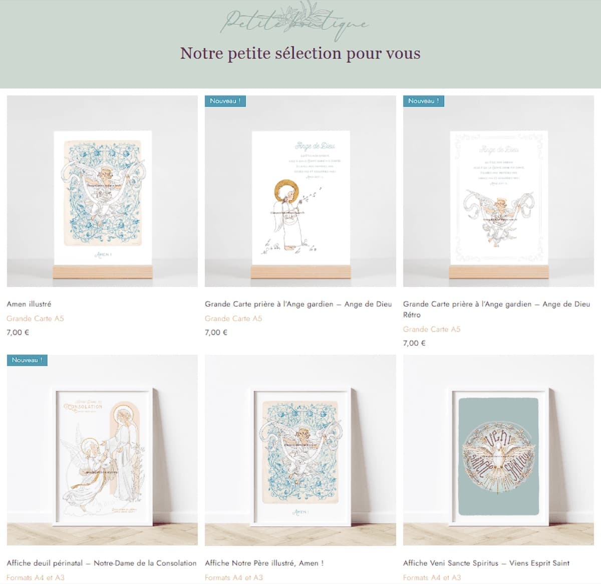 Shop page of the new site: a grid of illustrated cards and posters with their prices.