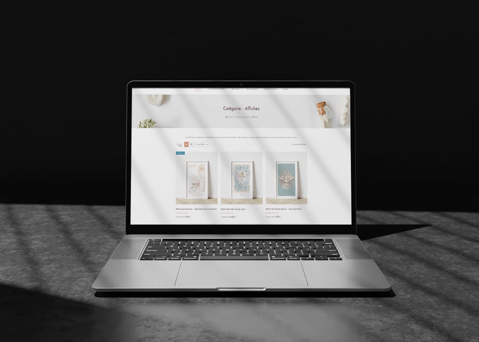 Laptop showing the “Posters” category page of the new site.