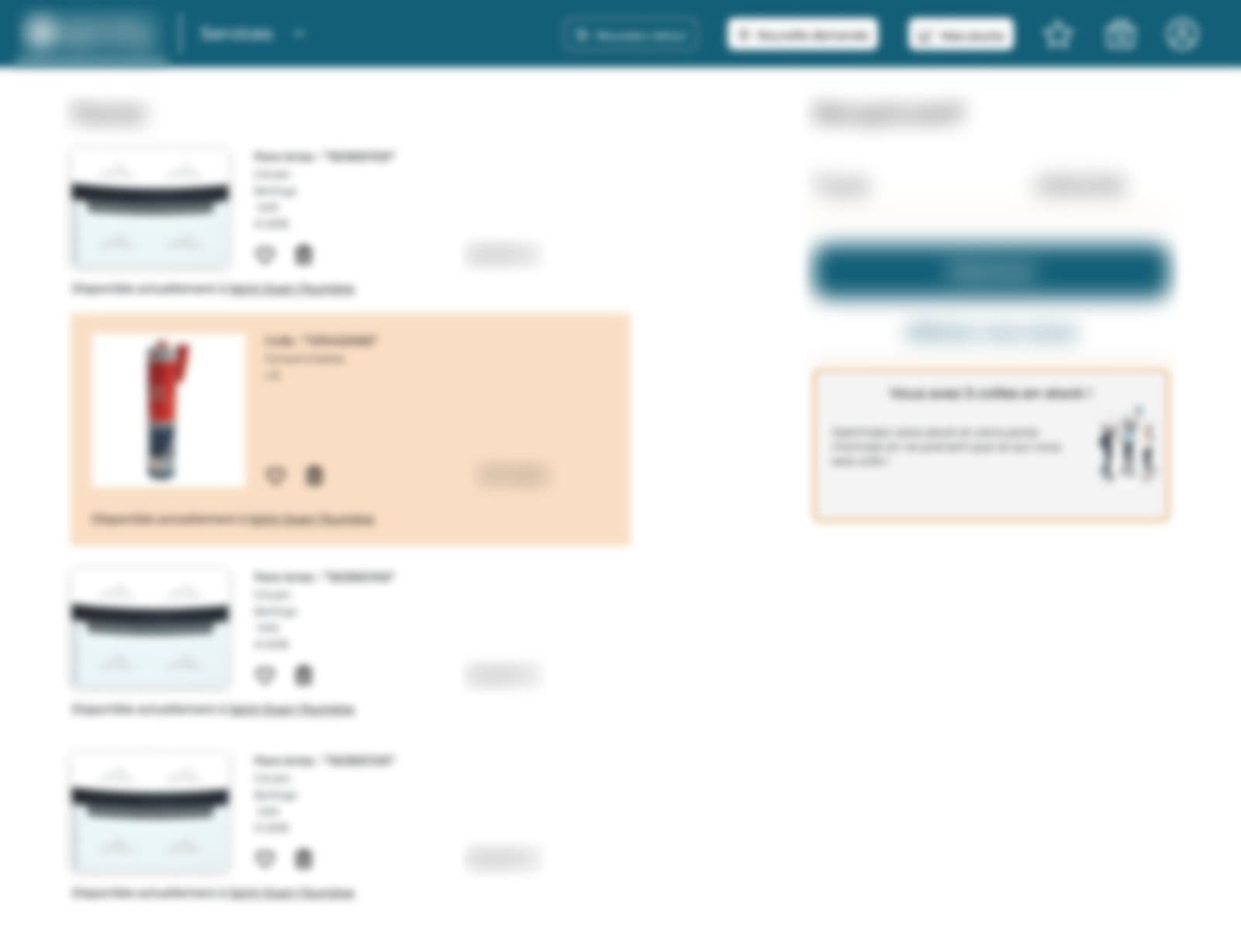 Écran du panier de la plateforme, avec une alerte qui indique le stock de consommables déjà disponible.