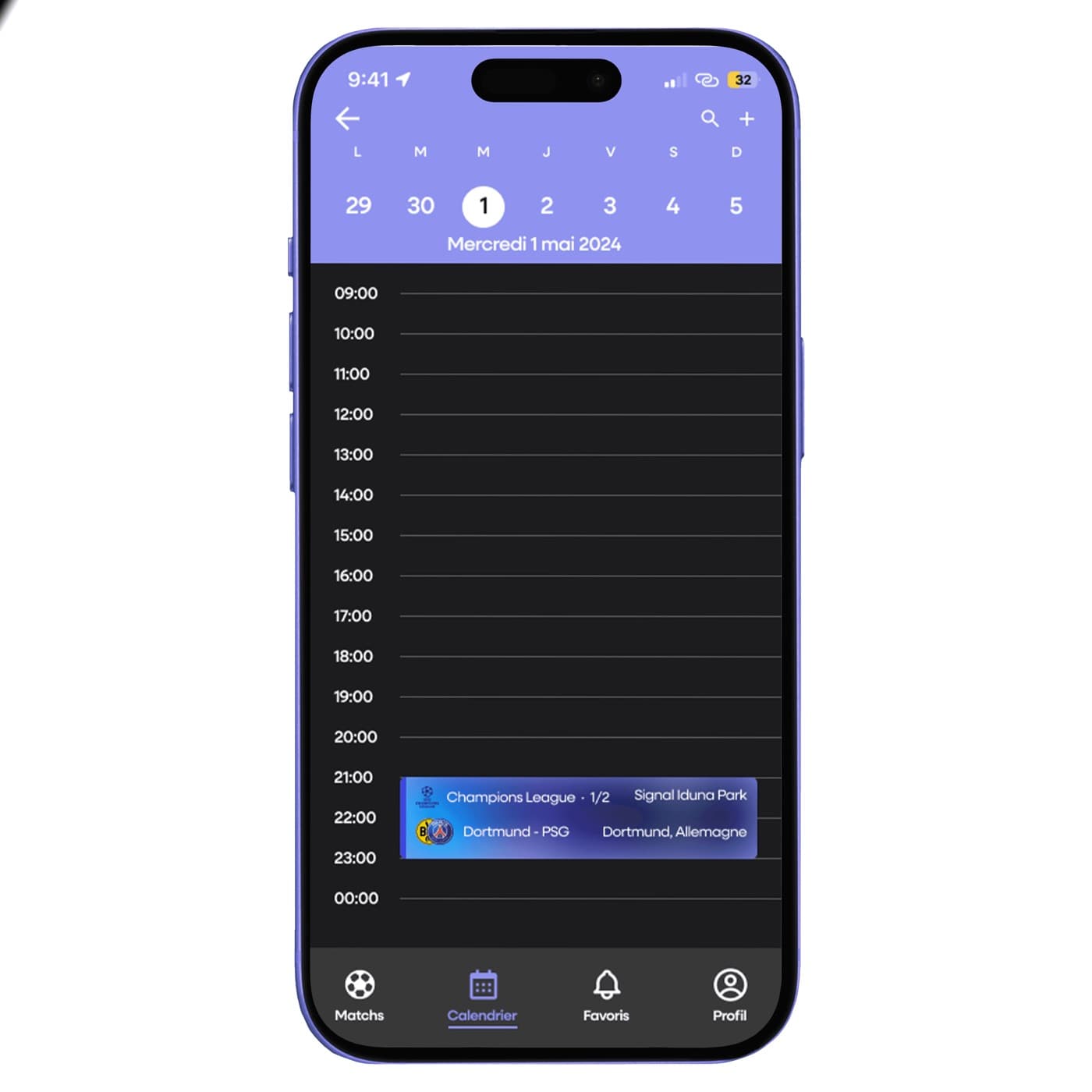 Vue journée du calendrier dans l'application, avec un match de Ligue des champions planifié à 21 h.